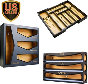 Bamboo Bag Storage Organizer, Wrap Dispenser, and Drawer Organizer Bundle for... - Picture 1 of 12
