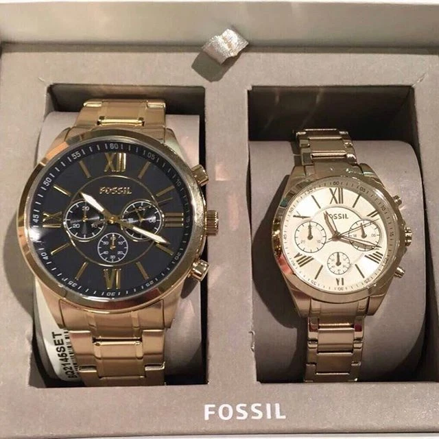 Fossil Bq2145 His & Her Gold Tone Stainless Steel Chronograph 2 Watch Set