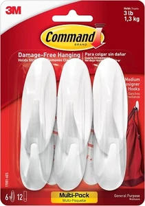 Command Wall Hooks - 6 Hooks & 12 Strips - Holds up to 3 Lb - Picture 1 of 1