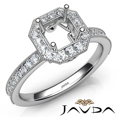 Hexagon Halo Pave Setting Diamond Engagement Asscher Semi Mount Ring 0.50Ctw. - Image 1 of 4