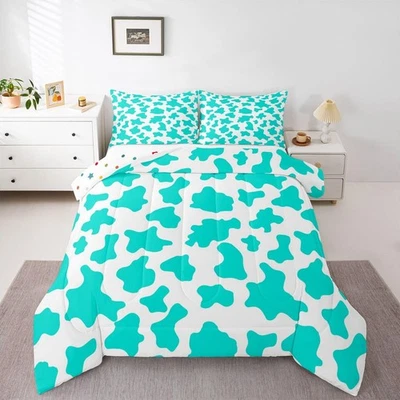 Juego de cama de dibujos animados para niños edredón completo con estampado de vaca verde azulado, Milk Cow Animal Co... Foto 1 de 4