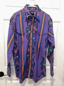 Vintage Wrangler Brushpopper Mens Western Aztec Navajo Cowboy Purple 16.5-35 USA - Picture 1 of 5