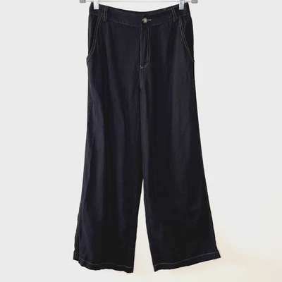 Rachel Zoe Linen Blend Pants Size 6 Black Wide Leg Coastal Relaxed Chic Everyday - Image 1 of 4