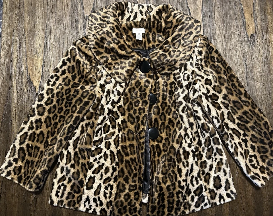 CHICO’S Animal Leopard Print Faux Fur Cropped  Jacket Coat Vintage Size 0 - Image 1 of 3