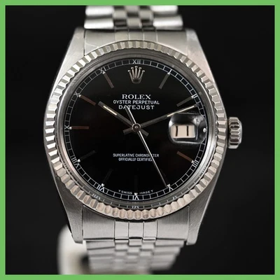 ROLEX 16014 DATEJUST 18K WHITE GOLD BEZEL BLACK DIAL CAL 3035 SS MENS WATCH - Image 1 of 4