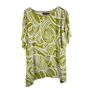 Chico's Travelers Shirt Size 2 Us 12 Green White Tropical Slinky Keyhole - Picture 1 of 14