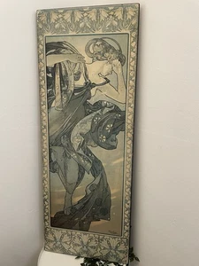 Large Art Nouveau 70s Mucha Print on Wood Athena Panel Lithograph Tall Parisian - Picture 1 of 11