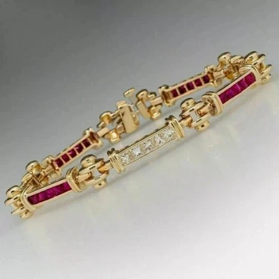 9Ct Princess Cut Lab Created Red Ruby 7.5"Tennis Bracelet 14k Yellow Gold Plated - Image 1 of 3