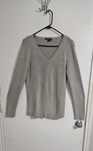 LAUREN RALPH LAUREN Metallic Silver  V-Neck Knit Sweater Size XL Preppy Party  - Picture 1 of 10