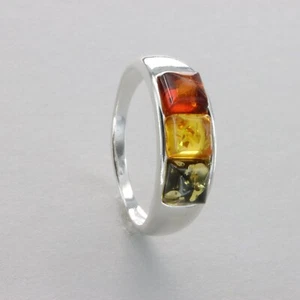 Triple Multi-Color Square / Rectangle BALTIC AMBER Ring 925 STERLING SILVER #30e - Picture 1 of 8