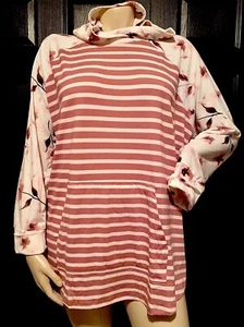 NWT 3XL LuLaRoe PINK STRIPES & CREAM FLORAL Amber HOODIE Sweater Top 26 28 - Picture 1 of 4