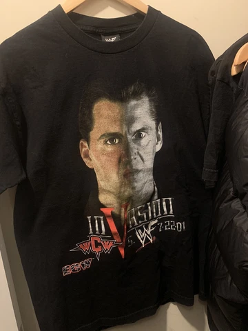 Vintage WWF WCW Invasion PPV WWE Shirt 2001 Vince McMahon Shane McMahon RARE Cover
