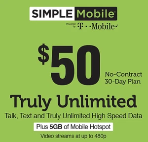 Simple Mobile $50 Refill Plan DIRECT - Picture 1 of 1