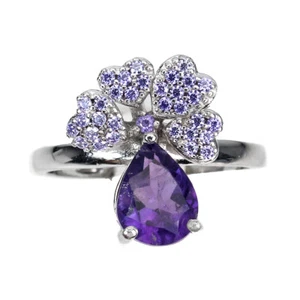 925 Anello Argento Sterling Pera Ametista 9x7mm Gemma Pietra Naturale Gioielli - Foto 1 di 9