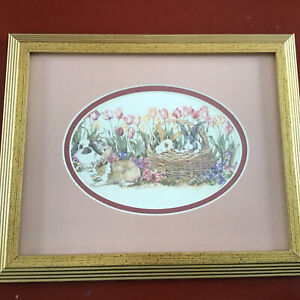 Gold Frame 12” x 9.5” of Rabbit Family With Basket Print Pink Matting