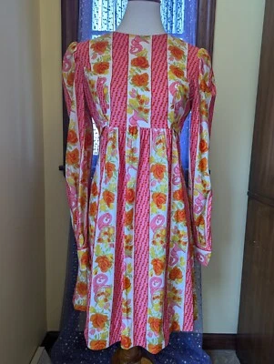 Mini Vestido Vintage Años 70 Flores Cuerno Francés Música Novedad Estampado Talla Pequeña S/M Foto 1 de 4