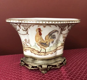 Large Castilian Vintage Porcelain and Brass Rooster Motif Fluted Vase / Planter - Picture 1 of 11