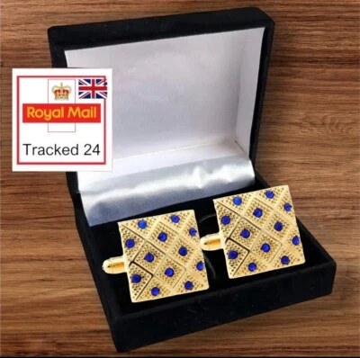 MENS PREMIUM Sapphire Gemstone CUFFLINKS Wedding Gift Suit SetIN CUFFLINK BOX UK - Image 1 of 4