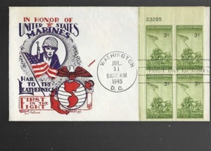 US FDC WORLD WAR II 1945 IWO JIMA MARINES # 929 PLATE BLOCK BY FLEETWOOD KNAPP - Picture 1 of 1
