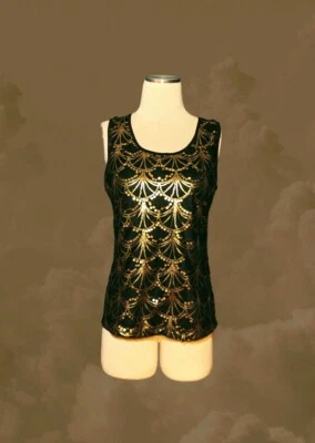 DRESSBARN Dressy Tank Top Black Gold SEQUIN Metallic Sleeveless Blouse PETITE M - Image 1 of 4