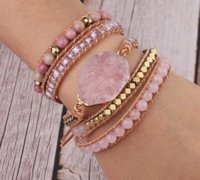 E09 Armband Naturstein Rosenquarz Perlen und Kristalle auf Lederseil 89 cm lang - Bild 1 von 4
