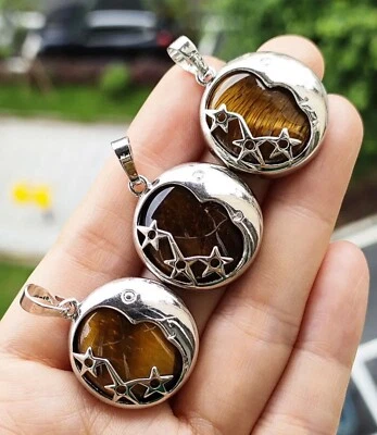 Tiger’s Eye Healing Stone Star And Moon Pendant With Chain 1Pc - Image 1 of 3