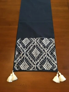 Marlo Lorenz Signature Table Runner Dark Blue White Stitched Decorative Border - Picture 1 of 9