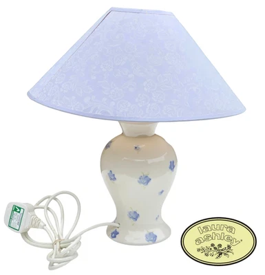 VTG 80s Laura Ashley Ceramic Table Lamp WHITE BLUE Floral Base +Shade 15.5" TALL - Image 1 of 4