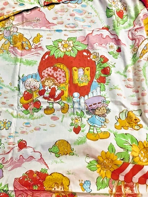 VTG `80`s Strawberry Shortcake & Friends Twin Size Top Sheet by Bibb 93"x66" - Image 1 of 4