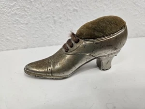 Antique Victorian Miniature Ladies Boot Shoe Pin Cushion Silver Metal Velvet - Picture 1 of 13