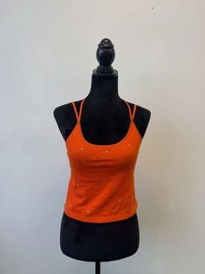 Camiseta sin mangas Energie para mujer pequeña naranja estrás corta correa de espagueti cami Y2K Foto 1 de 4