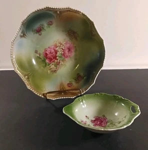Vintage Green Porcelain Bowl & Trinket Dish Rose Hand Painted Gold Trim Set Of 2 - Picture 1 of 12