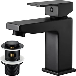 Basin Mixer Tap Black Bathroom Sink Taps with Pop up Sink Waste, Square Basin Ta - Picture 1 of 12