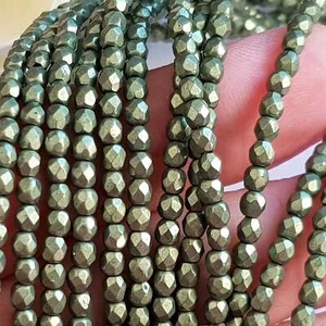 Czech Fire Polished 50 Bead Strand - Sueded Gold Fern 3mm Round Faceted  |  FP-0 - Picture 1 of 5