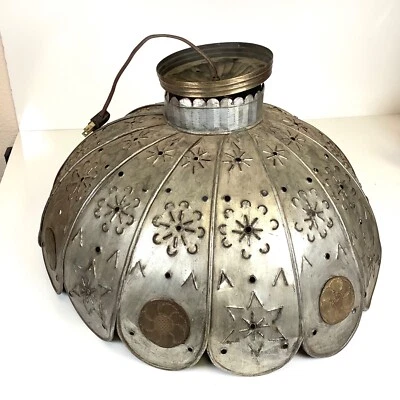 Vtg Punched Tin Primitive Folk Art Hanging Lamp Light Swag Metal Brass WORKS!! - Image 1 of 4