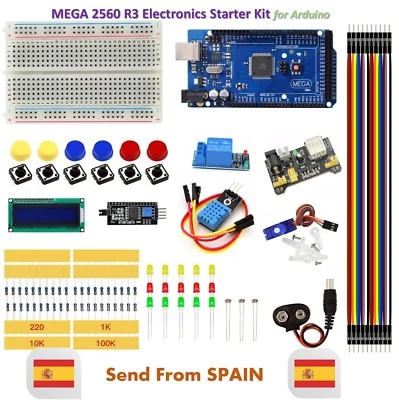 Upgrade Kit MEGA 2560 R3 Breadboard LED LCD SG90 DHT11 Relay MB102 for Arduino - Imagen 1 de 4