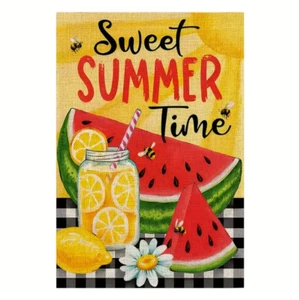 Sweet Summer Time Watermelon Lemonade Garden Flag Burlap 12"x18" Double-Sided - Picture 1 of 4