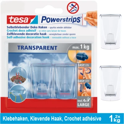 tesa Powerstrips, Deko Haken, selbstklebender Klebehaken Set 2 x 1kg transparent - Bild 1 von 4