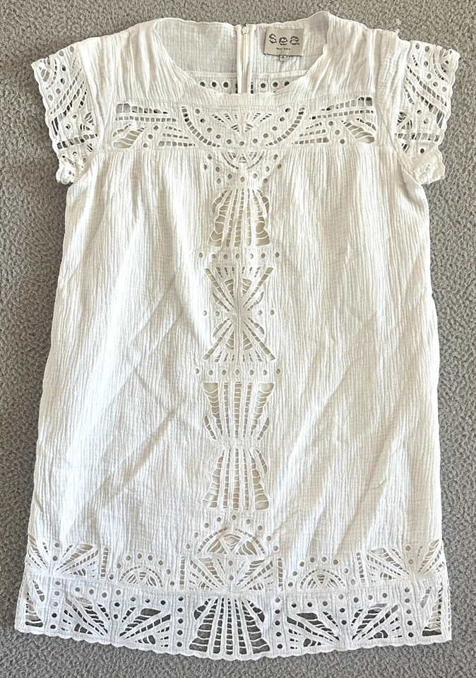 Море Нью-Йорк белое платье отверстие размер 4 марлевый хлопок изящный пляжный прибрежный карманы - Изображение 1 из 4