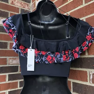 cacelin womans medium bathing top black floral ruffle adjustable Off Shoulder - Picture 1 of 4