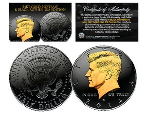 Black RUTHENIUM & 24KT Gold Clad 2016 JFK Kennedy Half Dollar U.S. Coin - D Mint - Picture 1 of 2
