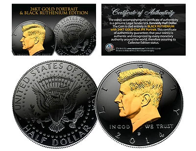 Black RUTHENIUM & 24KT Gold Clad 2016 JFK Kennedy Half Dollar U.S. Coin - D Mint - Image 1 of 2