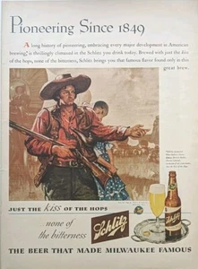 Anuncio impreso de cerveza Schlitz 1944, ilustración Old West Pioneer. - Imagen 1 de 1