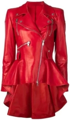 Chaqueta de cuero rojo peplum para mujer - Abrigos informales negros de piel de cordero real Peplum Foto 1 de 2