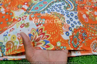 Indian Cotton Fabric 05 Yard Block Floral Print Loose Orange Running Craft - Image 1 of 3