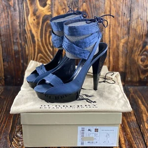 Burberry Women's Platform Heels Open Toe Shoes Navy Blue Size 37.5/ US 7.5 $820 - Picture 1 of 12
