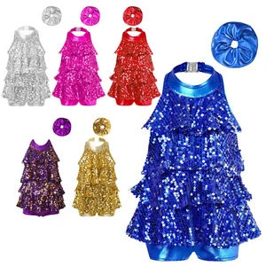 Kids Girls Leotard Skating Dancewear Sequins Costume Latin Set Sleeveless Jazz - Picture 1 of 71