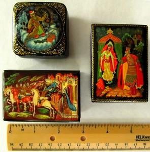 3 Russian Lacquer Boxes, Palekh Kholuy Mstera, Pike's Wish Shamah's Queen Knight - Picture 1 of 12