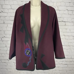 VTG Beppa Maroon Wool Wearable Art Deco 80’s Open Jacket Pockets Size Small S - Picture 1 of 8