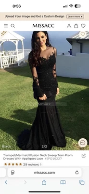 Missacc Black Sequin Trumpet Mermaid Illusion Lace Applique NWT Maxi Gown 14/16 - Image 1 of 4